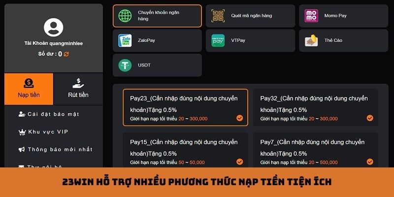 Quy trình nạp tiền với 7 bước hướng dẫn 23win chi tiết